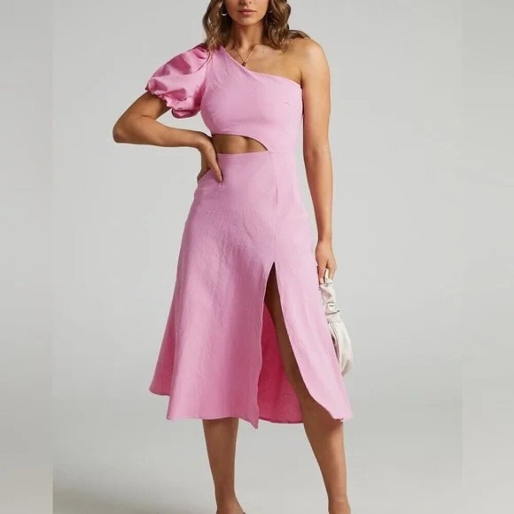 SHOWPO MARCIA MIDI DRESS - ONE SHOULDER DRESS WITH SIDE CUT OUT IN PINK - Picture 2 of 9
